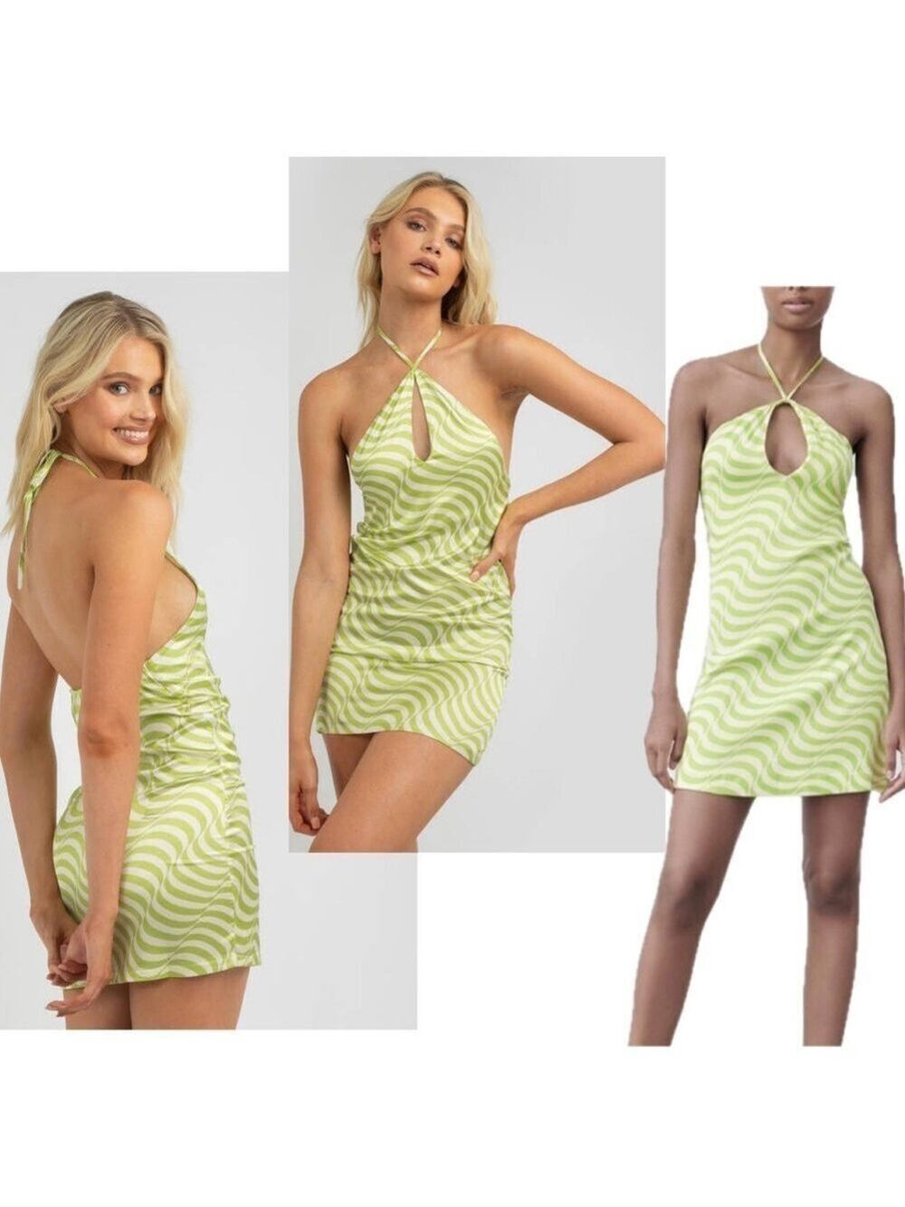 Zara Green white zebra animal print Halter mini Dress M peephole keyhole cutout